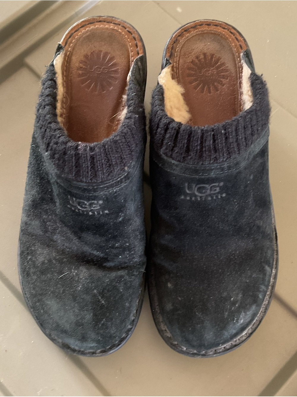 UGG Black Suede Slip-On Shearling Clogs
